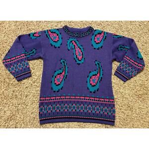 Vintage Extra Medium Sweater Purple Pink green Womens Crazy Paisley Knit